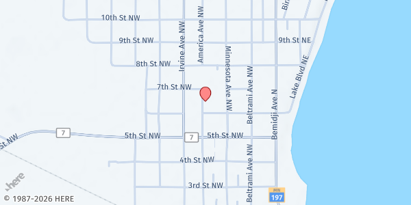 Map showing Beltrami County Human Services at 616 America Ave NW, Ste 100, Bemidji, MN
