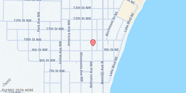 Map showing Bemidji Community Table Meals: United Methodist at 924 Beltrami Avenue Northwest, Bemidji, MN