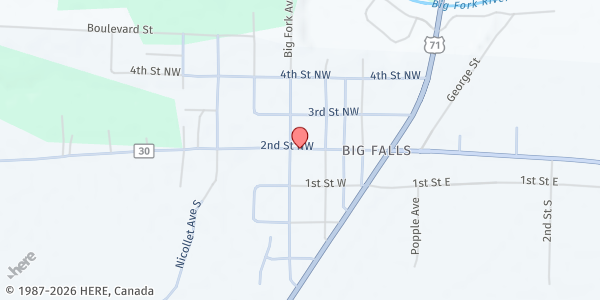 Map showing Big Falls Mobile Pantry at 410 2nd St NW, Big Falls, MN