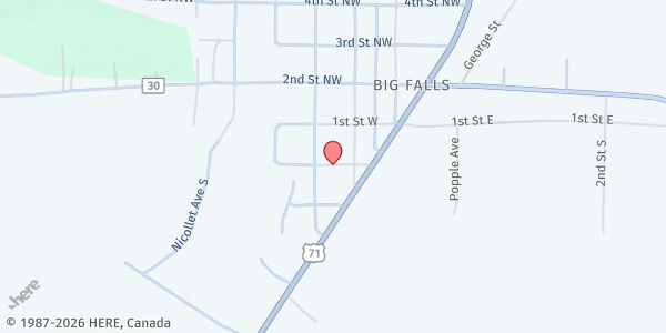Map showing Second Harvest Northland: Big Falls Mobile Pantry at 410 2nd St SW, Big Falls, MN