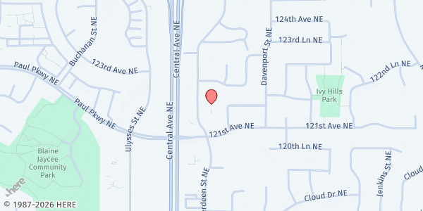 Map showing MAS MN Blaine Food Shelf at 12175 Aberdeen St NE, Blaine, MN