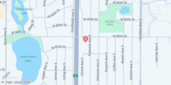 Map showing Loaves & Fishes at Christ the King Lutheran Church at 8600 Fremont Ave S, Bloomington, MN