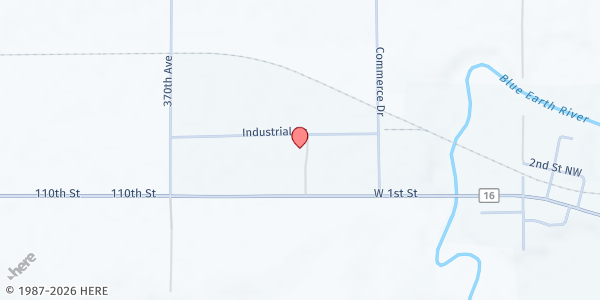 Map showing Faribault County Mobile Pantry- Nortech Systems Lot at 1565 Industrial Drive, Blue Earth, MN
