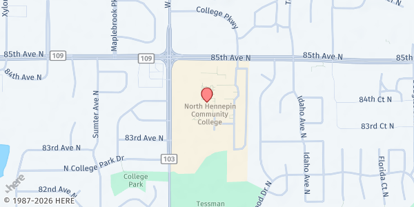 Map showing North Hennepin Community College – Brooklyn Park at 7411 85th Ave N, Brooklyn Park, MN
