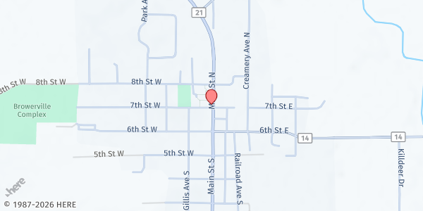 Map showing Browerville Area Food Shelf at 704 North Main Street, Browerville, MN