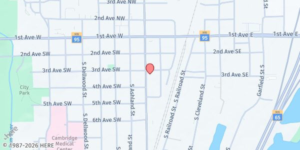 Map showing Isanti County Food Pantry - First Baptist Church at 304 S Main Street, Cambridge, MN
