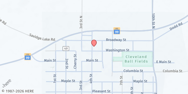Map showing Cleveland Area Food Shelf - Township Hall Basement at 205 4th Street, Cleveland, MN