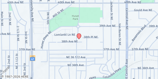 Map showing SACA Food Shelf at 627 38th Ave NE, Columbia Heights, MN