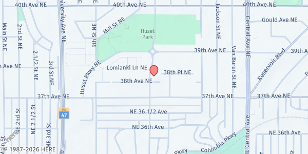 Map showing SACA Food Shelf & Thrift Store at 627 38th Ave NE, Columbia Heights, MN
