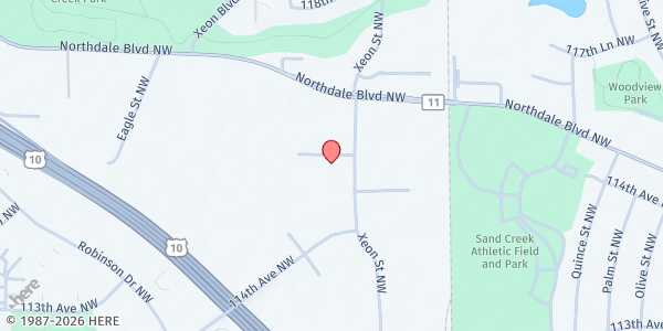 Map showing Anoka Meals on Wheels - Coon Rapids at 11490 Xeon St NW Suite #100, Coon Rapids, MN