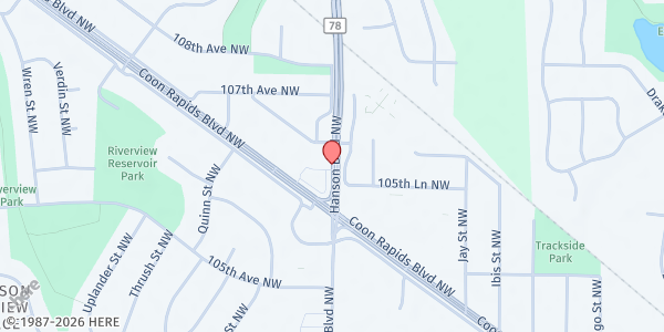 Map showing Coon Rapids United Methodist Church at 10560 Hanson Blvd NW, Coon Rapids, MN