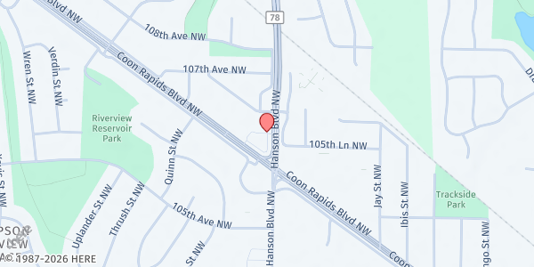 Map showing Coon Rapids United Methodist Church at 10560 Hanson Blvd NW, Coon Rapids, MN