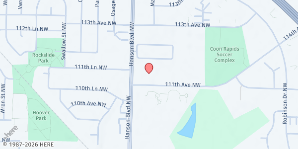 Map showing Faith Lutheran Church at 11115 Hanson Boulevard NW, Coon Rapids, MN