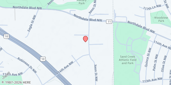 Map showing Impact Services - Coon Rapids at 11490 Xeon St NW Suite #100, Coon Rapids, MN