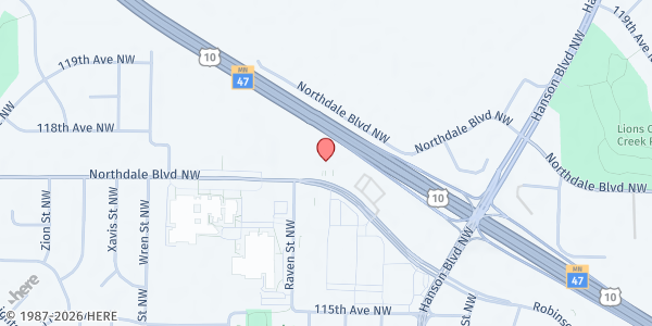 Map showing Redeemer Lutheran Church - Food Distribution Center at 2135 Northdale Blvd NW, Coon Rapids, MN