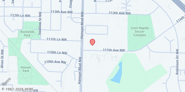 Map showing The Harbor Food Shelf at Faith Lutheran at 11115 Hanson Blvd NW, Coon Rapids, MN