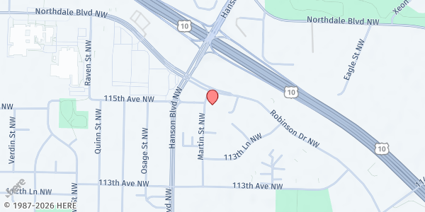 Map showing Unity North Church at 11499 Martin Street NW, Coon Rapids, MN