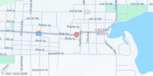Map showing Crosby Assembly of God Church at 604 Oak St, Crosby, MN