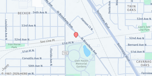 Map showing NEAR Food Shelf at 5209 W Broadway, Crystal, MN