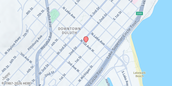 Map showing CHUM Food Shelf at 120 N 1st Ave W, Duluth, MN