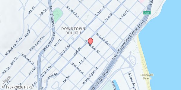 Map showing CHUM Food Shelf at 120 N 1st Ave W, Duluth, MN