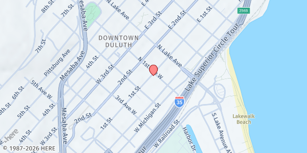 Map showing Life House Youth Center at 102 West 1st Street, Duluth, MN