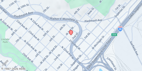 Map showing Lincoln Park Senior Center at 2014 W 3rd Street, Duluth, MN