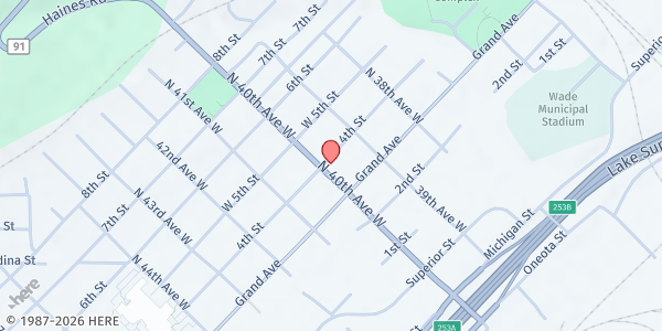 Map showing Living Waters Food Shelf at 332 N 40th Ave W, Duluth, MN