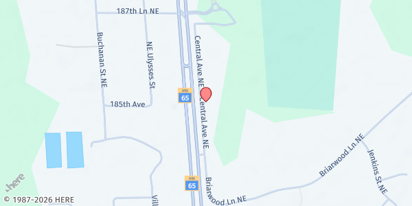 Map showing North Anoka County Emergency (NACE) Food Shelf at 18511 Highway 65 NE, East Bethel, MN