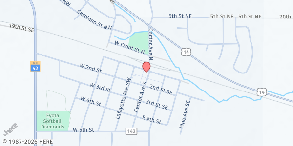 Map showing Front & Center Eyota Food Shelf at 111 Center Ave S, Eyota, MN