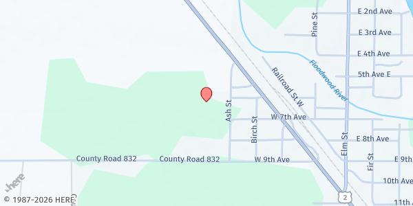 Map showing Floodwood Area Food Shelf at 601 Ash St, Floodwood, MN