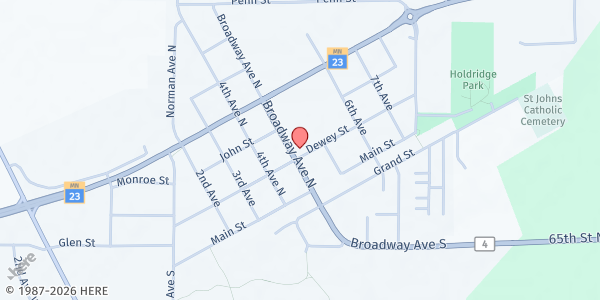 Map showing Catholic Charities – Meals on Wheels at 455 Dewey Street, Foley, MN