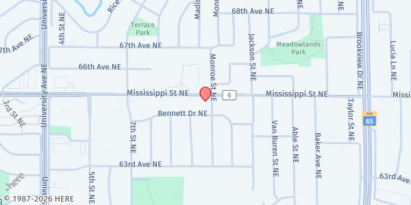 Map showing Fridley United Methodist Church at 680 Mississippi Street NE, Fridley, MN