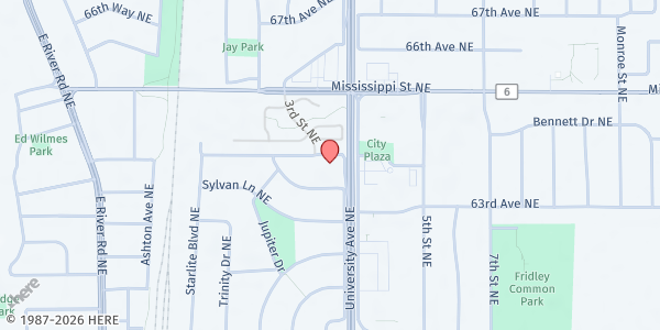 Map showing Manna Market FCC – Food Distribution Center at 6390 University Ave NE, Fridley, MN