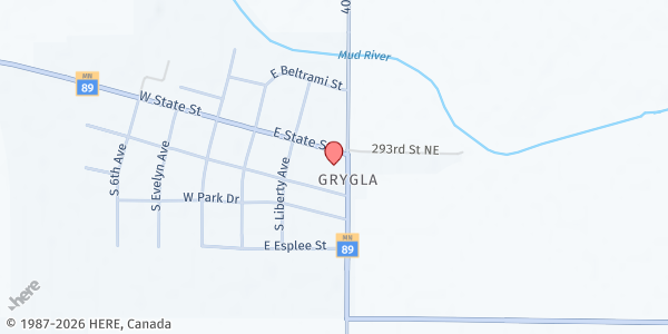 Map showing Grygla-Gatzke Food Shelf at 231 E State St, Grygla, MN