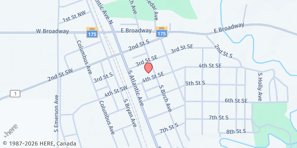Map showing The Cornerstone Food Pantry at Grace-Red River Lutheran Parish at 321 S. Birch Avenue, Hallock, MN
