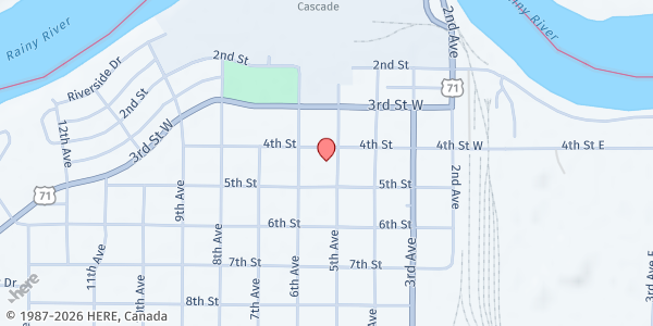 Map showing KCFA Food Shelf at Borderland Alano Club at 410 5th Ave, International Falls, MN