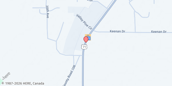 Map showing Rainy River Community College School Pantry-Falls Hunger Coalition at 1801 U.S. 71, International Falls, MN