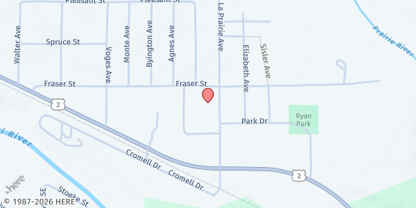 Map showing Solid Rock Church of God - Food Shelf at 555 LAPRAIRE AVE, La Prairie, MN