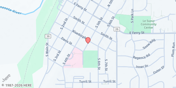 Map showing Le Sueur Food Shelf at 427 South 5th Street, Le Sueur, MN