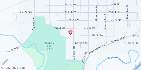 Map showing Madelia Community Food Shelf at 423 Dill Ave SW, Madelia, MN
