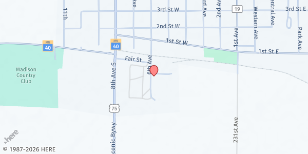 Map showing Lac Qui Parle Food Shelf at 308 6th Ave South, Madison, MN