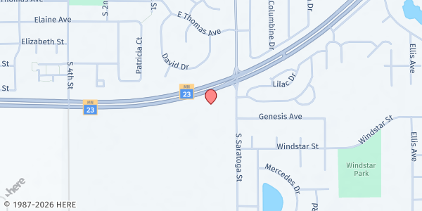 Map showing Marshall Kitchen Table Food Shelf - Food Distribution Center at 1400 S Saratoga St, Marshall, MN