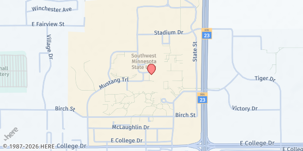 Map showing Mustang Market at 1501 State St, Bellows Academic 154, Marshall, MN