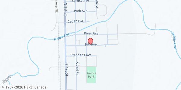 Map showing East Marshall County Emergency Food Shelf at Hill Ave E, Middle River, MN