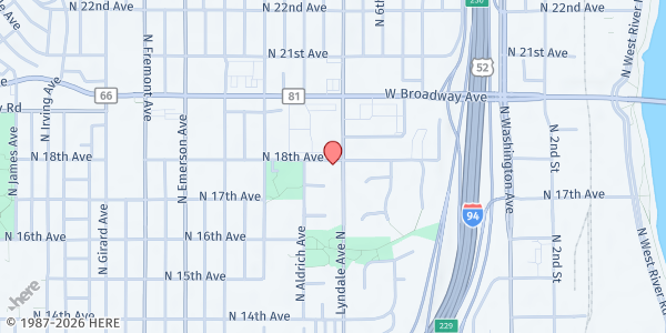 Map showing Al-Maa'uun Food Shelf at 1729 Lyndale Ave N, Minneapolis, MN