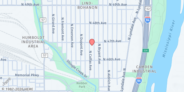 Map showing Camden's Promise – Gethsemane Lutheran Church Food Shelf at 4656 Colfax Ave North, Minneapolis, MN