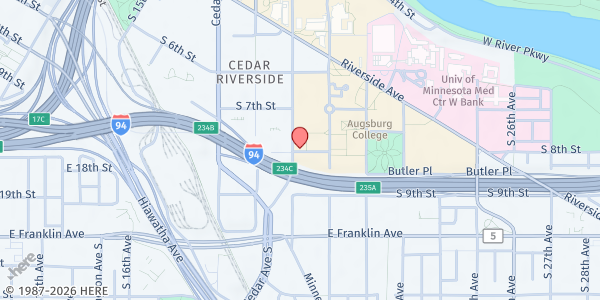 Map showing Campus Cupboard - Anderson Residence Hall at 2016 S 8th St, Room 26 - Anderson Residence Hall Basement, Minneapolis, MN
