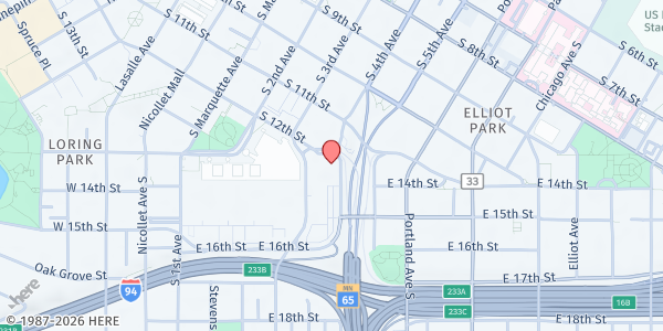 Map showing Central Lutheran Community Meals at 333 12th Street South, Minneapolis, MN