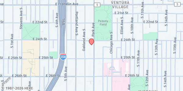 Map showing Community Bridge Food Shelf at 2400 Park Avenue South, Minneapolis, MN